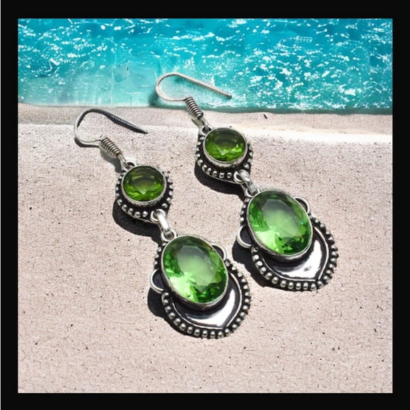 Peridot Handcrafted Drop Dangle Hook Style Earrings 2.4" Long Made In India New - Picture 13 of 16